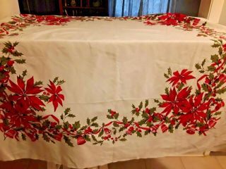 Wilendur Vtg Christmas Cotton Table Cloth 42x48.  Bells,  Poinsiettas