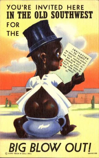 Black Americana Comic Boy Top Hat On Chamber Pot Big Blow Out Party Invite 1940s
