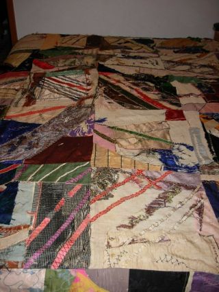 Vintage Hand Stitched Crazy Quilt Handmade Fabric Variety Needs Care Queen