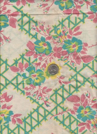 Vintage Feedsack Beige Turquoise Pink Floral Feed Sack Quilt Sewing Fabric