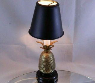 Vintage Brass Pineapple Accent Table Lamp Wooden Base Black Shade Nightlight