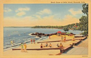Norwalk Ct Beach Scene On Belle Island - 1940s Postcard