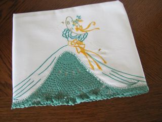 Vintage Single Pillowcase Embroidered Southern Belle Teal & Yellow Exquisite