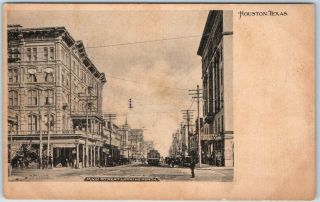 Houston,  Texas Postcard " Main Street Looking North " W/ Trolley C1900s