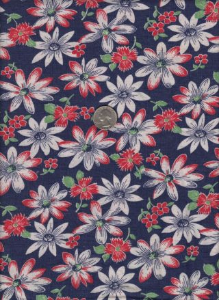 Vintage Feedsack Navy Red White Green Floral Feed Sack Quilt Sewing Fabric