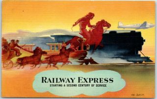 1940s Railway Express Postcard " Starting A Second Century Of Progress " Linen
