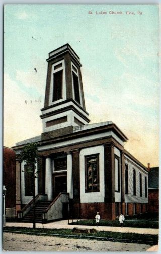 Erie,  Pennsylvania Postcard " St.  Lukes Church " Building Street View 1917 Cancel