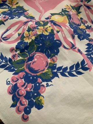 Vintage Linen Print Kitchen Tablecloth Fruit Flowers Ribbons Pink Blue