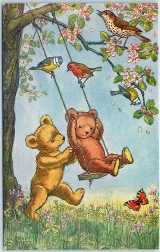 Artist - Signed Molly Brett Postcard Teddy Bear " A Swing For Teddy " Medici Society