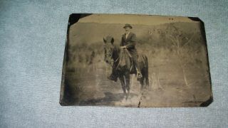 Antique Larger Big Unique Tin Type Photograph Photo Man Horse Traveler Cowboy