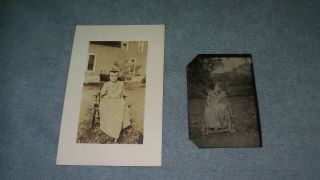 Antique Pair Tin Type Photo Wheel Chair Disabled Deformity Women Rppc Victorian