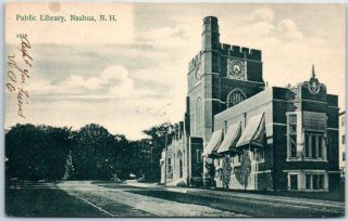 Nashua,  Hampshire Postcard " Public Library " Street View W/ 1906 Nh Cancel