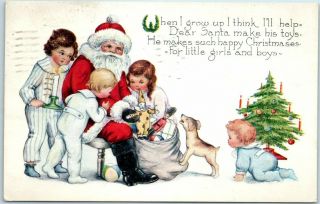 1927 Whitney Santa Claus Christmas Postcard Red Suit / Giving Toys To Children