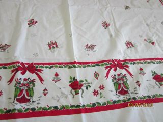 VINTAGE BARK CHRISTMAS TABLECLOTH 57X78 CHRISTMAS SCENES ON WHITE BACKGROUND 2