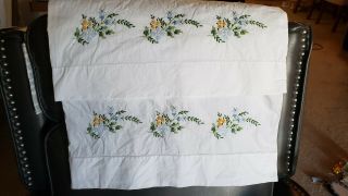 1 Pair 2 Vintage Embroidered Pillowcases Cross Stitch Blue Yellow Green Flowers