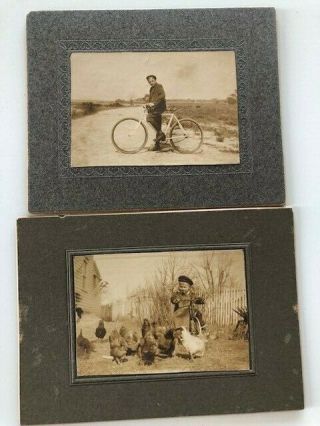 Antique Photos Set Of 2: Boy On Tricycle With Chickens,  Boy On Bicycle C.  1900