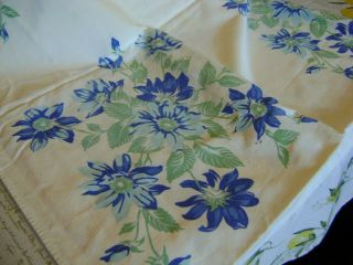 Vintage Blue & White Cotton Floral Print Tablecloth Luncheon Cloth