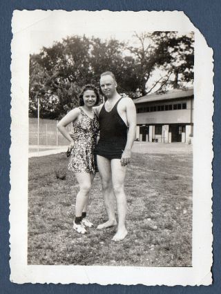 Vintage Snapshot Ca.  1930s/40s Pool Party Man Embraced By Young Lady Swimsuits
