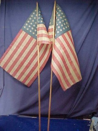 2 Early 20thc Us 48 Star Parade Flags Linen Gauze Material On Sticks