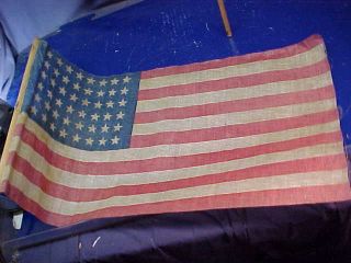 2 Early 20thc US 48 STAR Parade FLAGS Linen Gauze Material on Sticks 2
