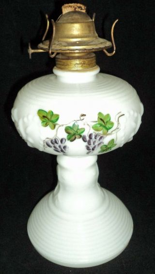 Milk Glass Vintage Oil Lamp With Hand Painted Purple Grapes Design Aguila Burner