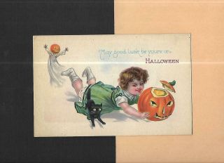 Spooky Goblin Chases Girl W/jol,  Black Cat On Vintage Halloween Postcard