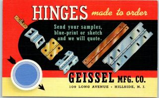 1940s Linen Advertising Postcard Hinges Made To Order Geissel Mfg Co Hillside Nj