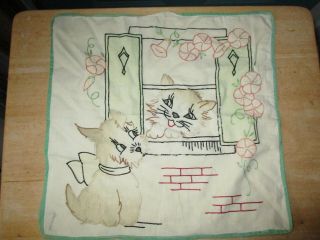 Embroidered Kitten And Puppy Cloth Square Pillow Case Cover 14 By 13 1/2 Inches