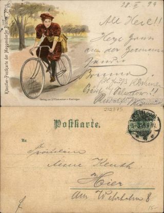 Bicycle 1899 Woman Biking.  Postcard J.  P.  Schreiber 5pf Stamp Vintage Post Card