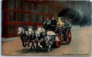 Firefighting Postcard " Responding To An Alarm " Horse - Drawn Engine 1913 Chicago