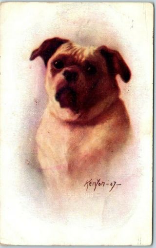 Vintage Artist - Signed Kenyon Postcard Pug Dog W/ 1909 Avery Wi Cancel