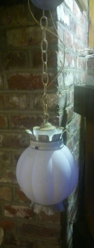 Mcm Swag Glass Hanging Lamp Vintage White Globe And Brass