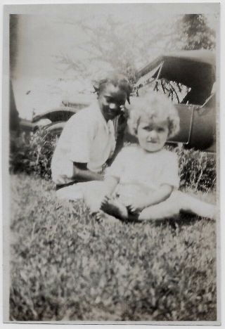 Old Photo Black Nanny Maid Watching Child On Lawn Car In Background 1920s