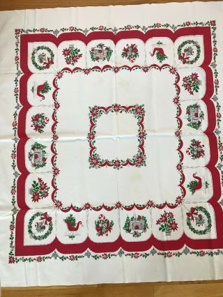 Vintage Christmas Tablecloth Candy Cane Sleigh Shiny Brite Ornaments Fireplace