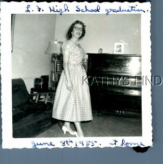 Found B&w Photo G,  1138 Pretty Woman In Dress And Glasses Posed By Piano