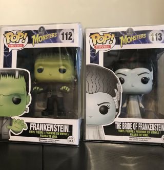 Funko Pop Frankenstein,  Bride Of Frankenstein Figures 112 & 113 In Protector