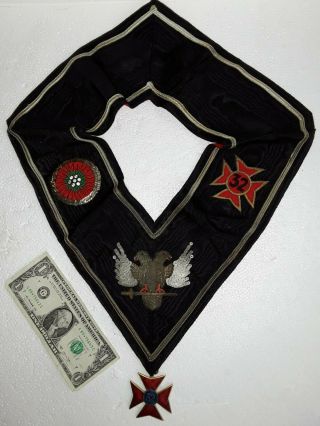 Vintage Masonic Collar With Maltese Cross Medal & 2 Headed Dove Bird On Sword