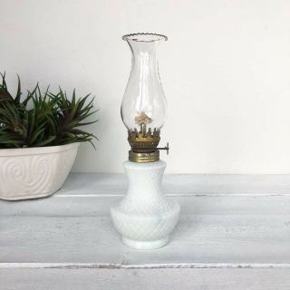 Vintage Milk Glass Mini Oil Lamp Diamond 9” Clear Chimney Hong Kong Farmhouse