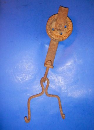 Antique Cast Iron Butcher ' s Hanging Double Meat Hook on Trolley - Industrial 2