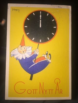Vintage Swedish Mini Postcard Clown Clock Year’s Signed Gott Nytt Ar