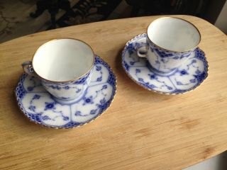 Rare Royal Copenhagen Pre 1900 Blue Fluted Two Cups And Saucers With Gold Rim