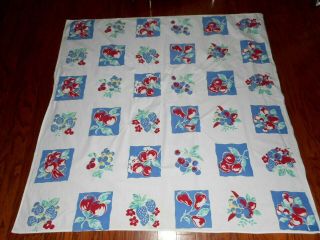 Vintage Cotton Tablecloth Fruit Blocks W/ Cherries,  Grapes,  Pears,  Strawberries