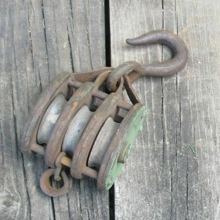 Vintage Steel Triple Wheel Pulley Antique Farm Pully 2 " D With Hook