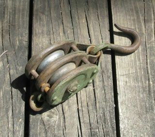 Vintage Steel Double Wheel Pulley Antique Farm Pully 2 " D With Hook