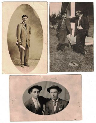 3 Antique C:1910 Rppc Real Photo Victorian Men