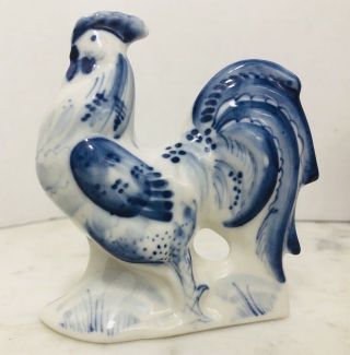 Antique Blue & White Porcelain Rooster Chicken Figurine Statue Delft Marked