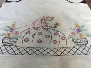 Vintage Unfinished Cotton Muslin Embroidered Girl In Bonnet Apron 2