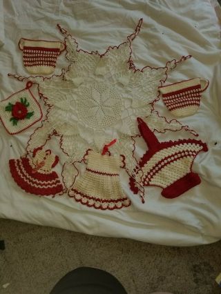 Vintage Hand Crochet Red & White Pot Holders - - Basket Dresses Cups Doily