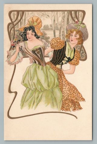 Art Nouveau Girls In Ornate Dresses—antique Fashion Postcard 210 Embossed 1910s