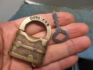 Small Old Brass Padlock Lock Climax With A Key.  N/r